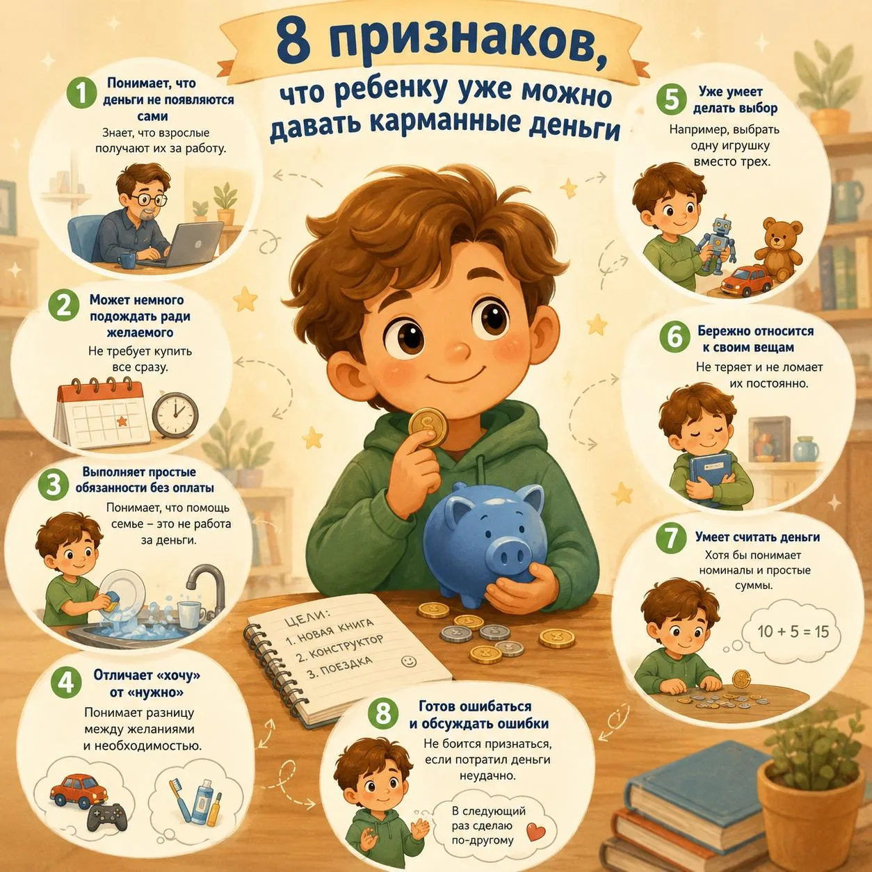 📋Чек-лист «Когда выдавать карманные деньги ребенку?»

Возраст сам по себе ничего не решает. 

Я соб