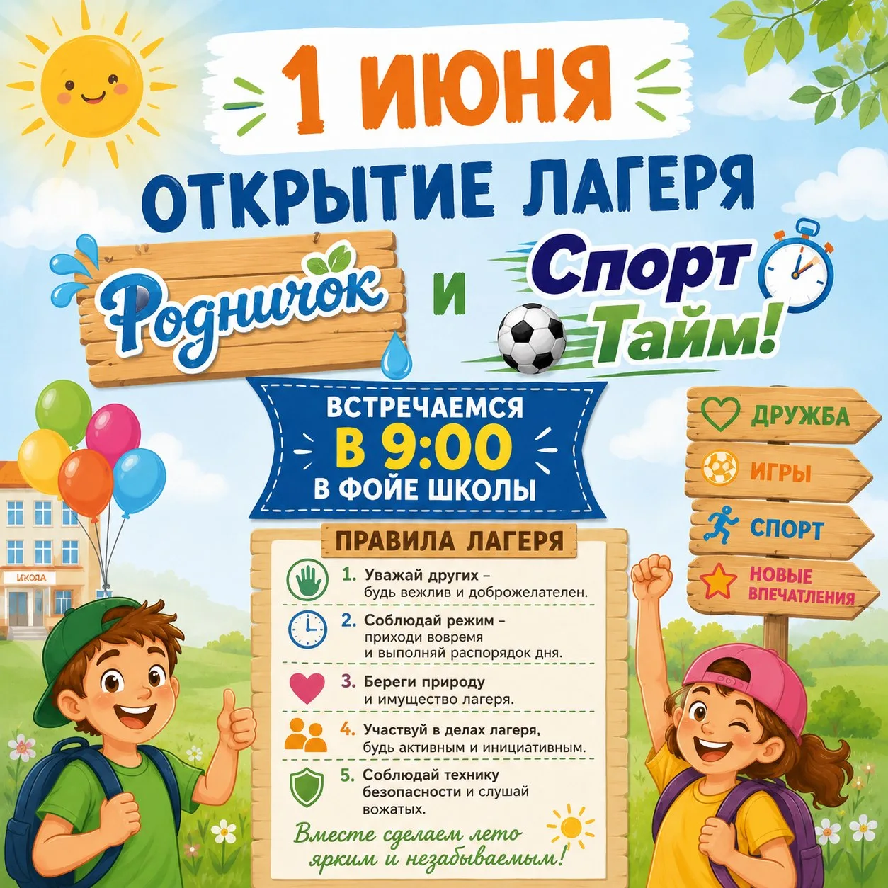 Какая замечательная новость! 🌟 Объявляем об открытии пришкольного лагеря «Родничок» и спортивного о