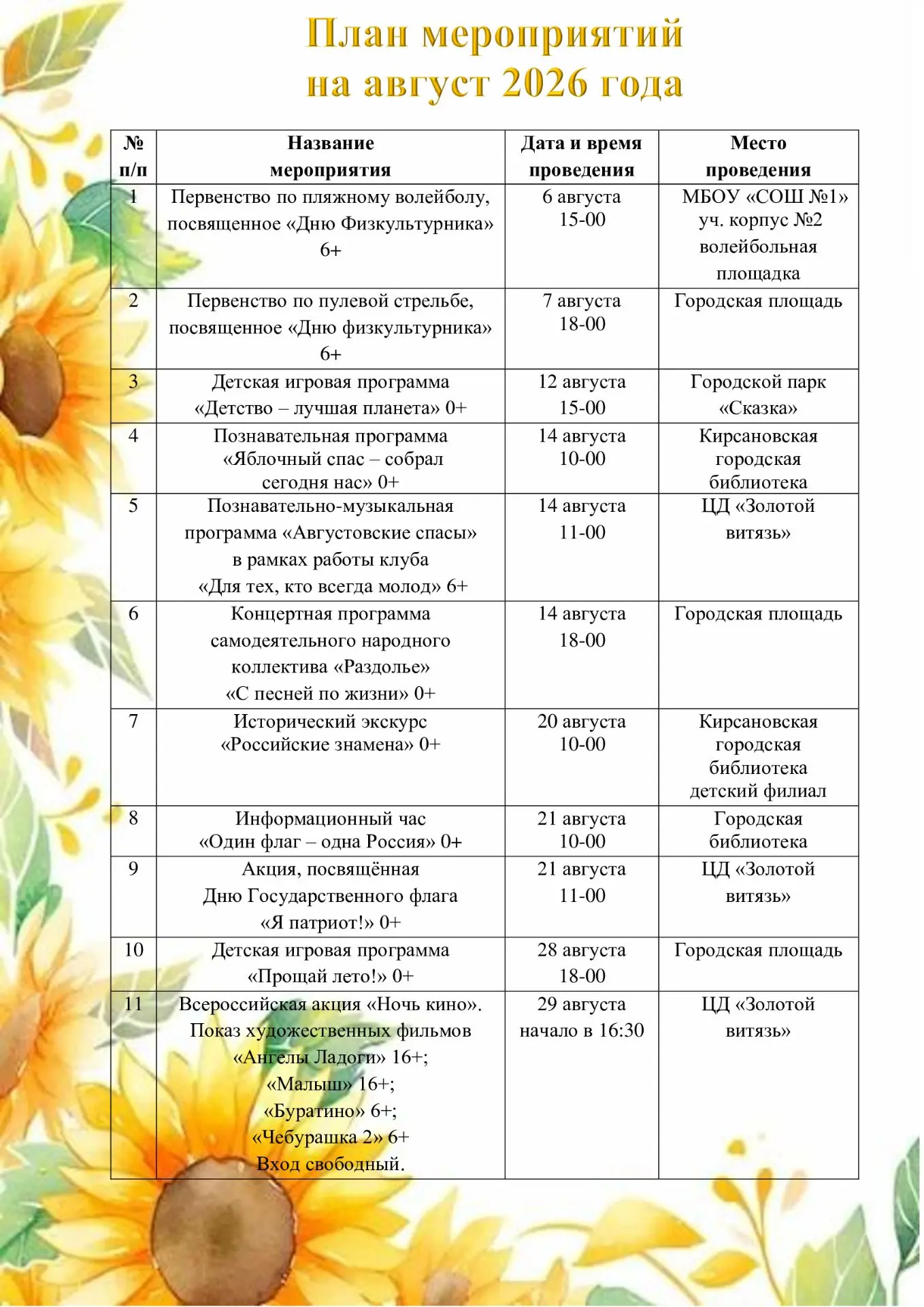 📜Встречайте план мероприятий в Кирсанове на август.

🎻 🎤 🎼 🏆⚽️ Предлагаем вам подборку самых ин