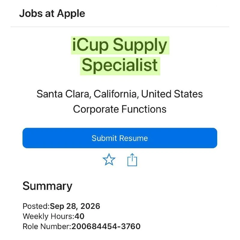 💃 Apple открыла вакансию специалиста по кофе с зарплатой до ₽500 тыс. в месяц. Сотрудн...