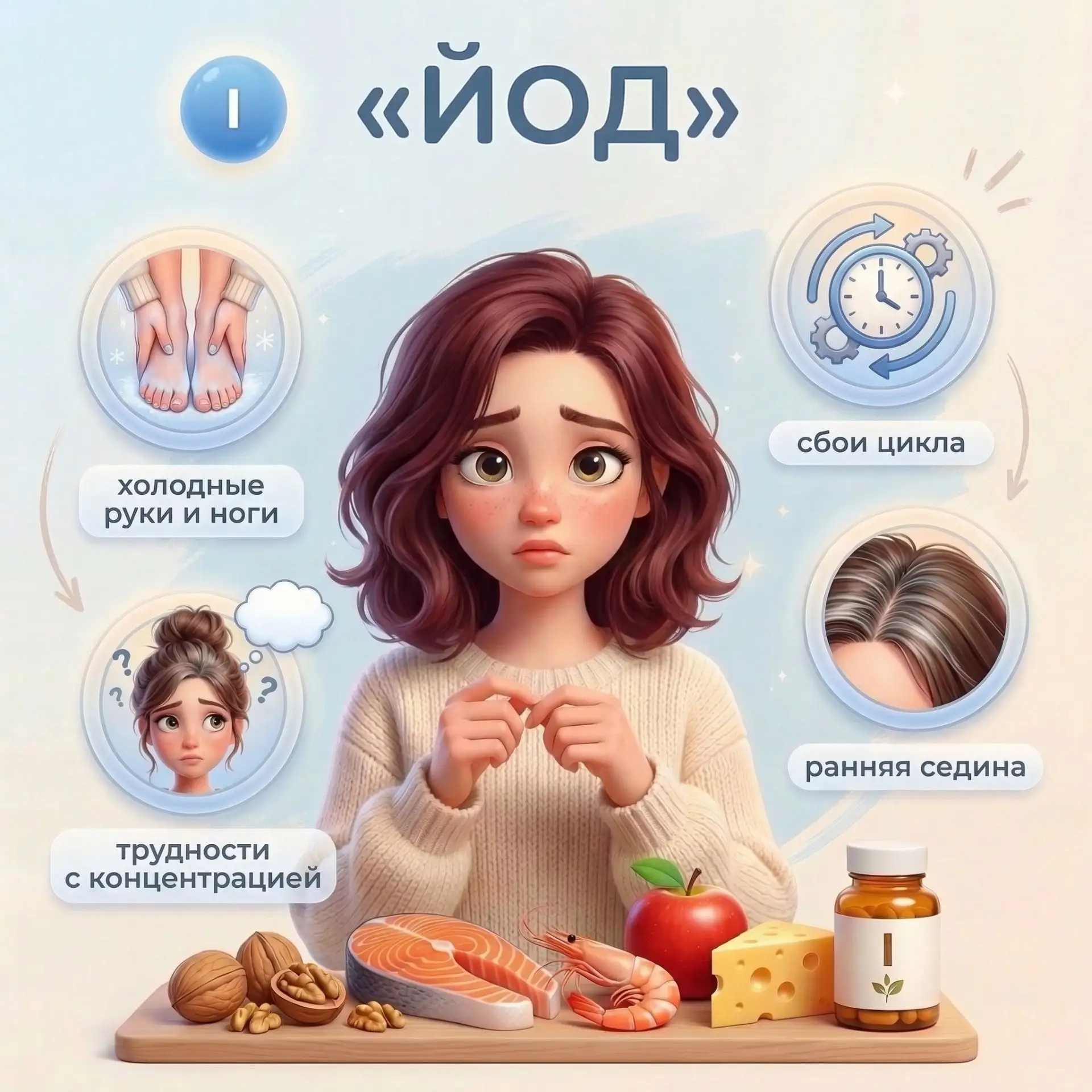 Ранняя седина говорит о недостатке йода. Хроническая усталость и судороги — о дефиците магния  Девоч