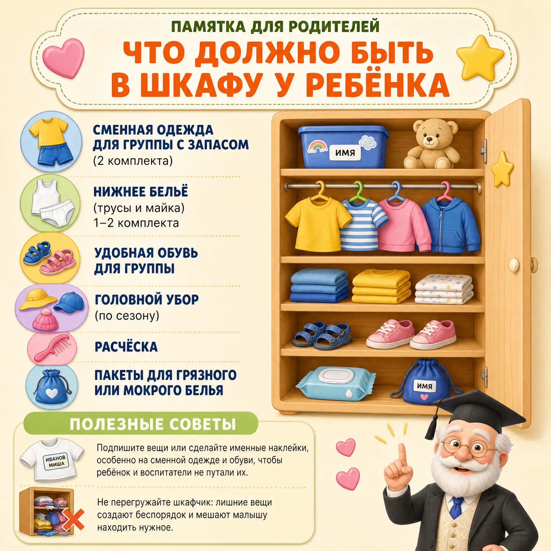 👕 ЧТО ДОЛЖНО БЫТЬ В ШКАФЧИКЕ У РЕБЁНКА? ПАМЯТКА ДЛЯ РОДИТЕЛЕЙ
