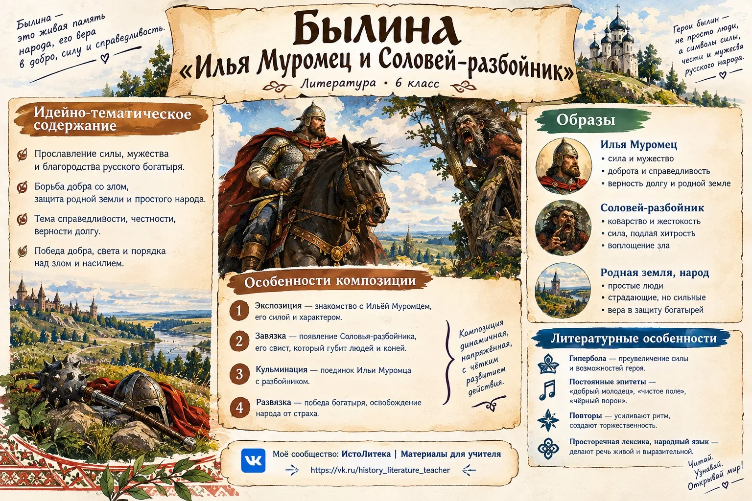 📚 БЫЛИНЫ В 6 КЛАССЕ: ТРИ УРОКА — ТРИ ЯРКИХ ОБРАЗА