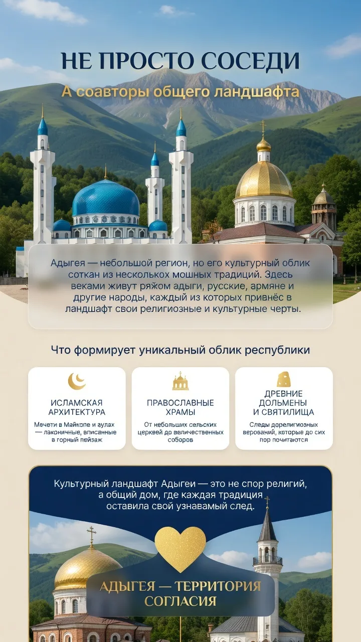 Религиозное разнообразие в Адыгее — не музейный экспонат, а повседневная реальность. Ис...