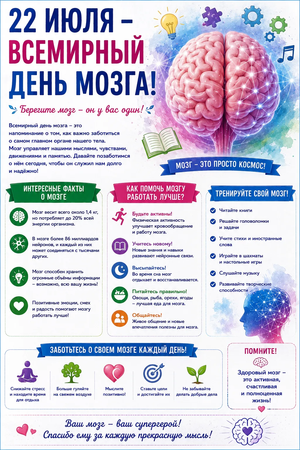 🧠 Сегодня Всемирный день мозга!

Здоровый мозг — это активная, счастливая и полноценная жизнь. Чтоб