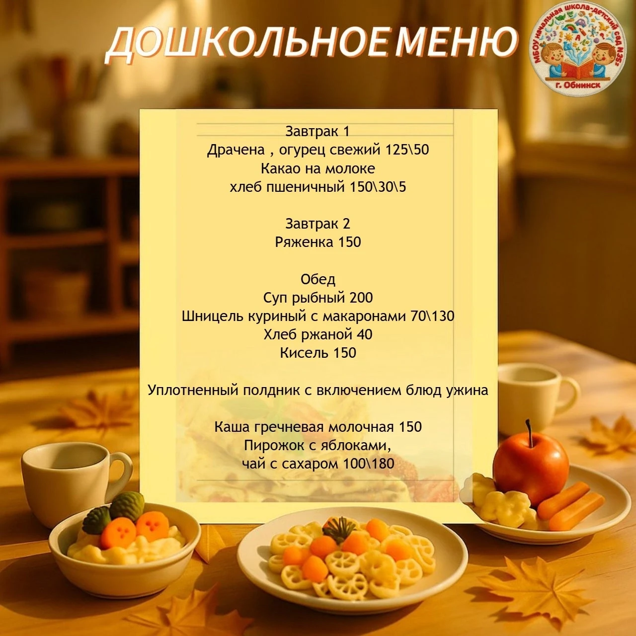 🥣👩‍🍳Меню для дошкольников на 4 сентября 2026 г