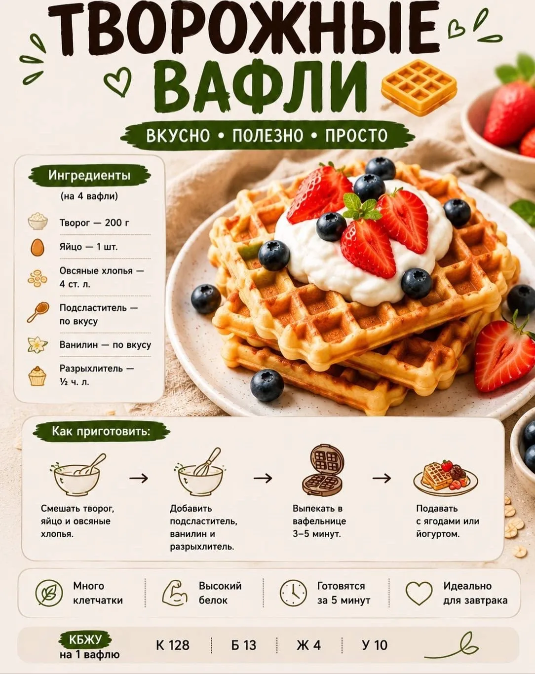 Нежные творожные вафли✨

Ингредиенты (на 4 вафли):
 Творог — 200 г 🥣
 Яйцо куриное — 1 шт. 🥚
 Овся