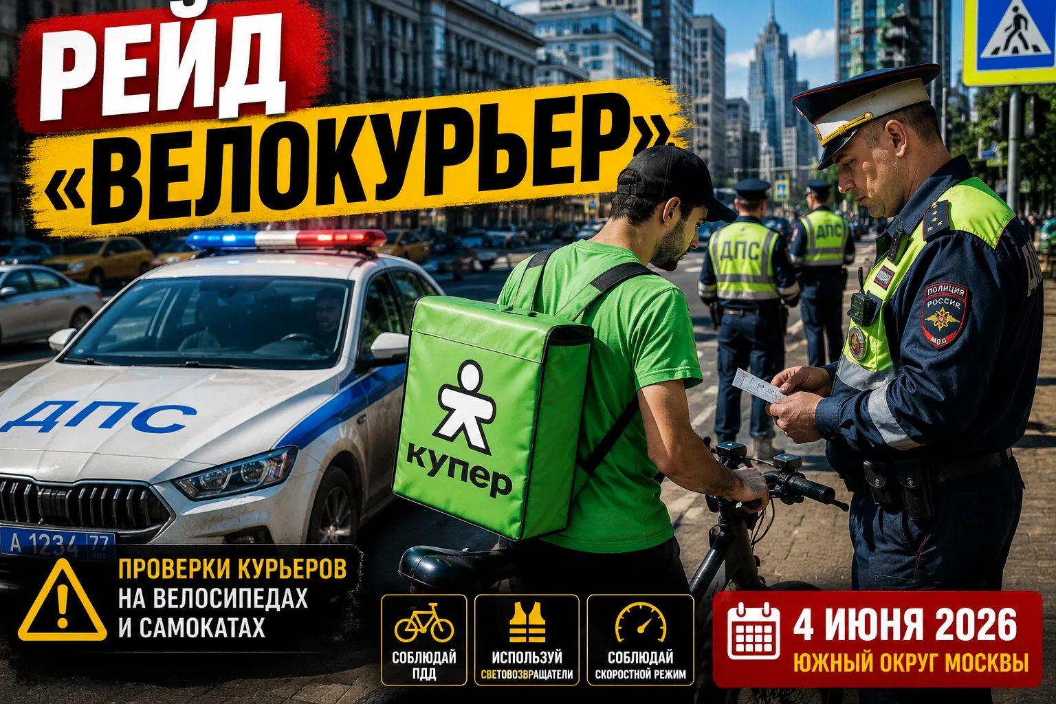 В Москве пройдет рейд «Велокурьер» по проверке курьеров на велосипедах и самокатах
