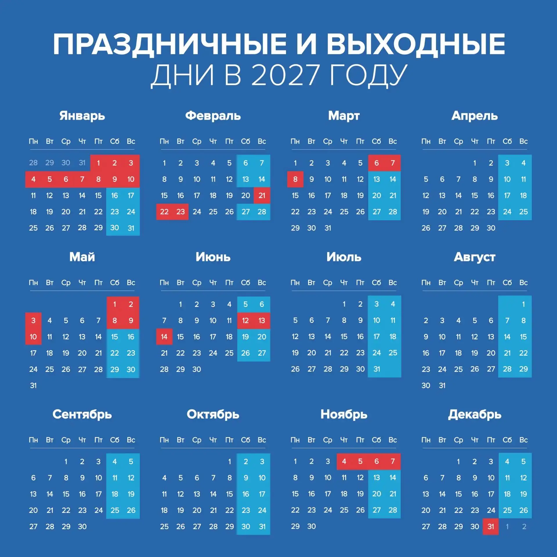 Опубликован производственный календарь на 2027 год. Новость: длинных майских не будет.