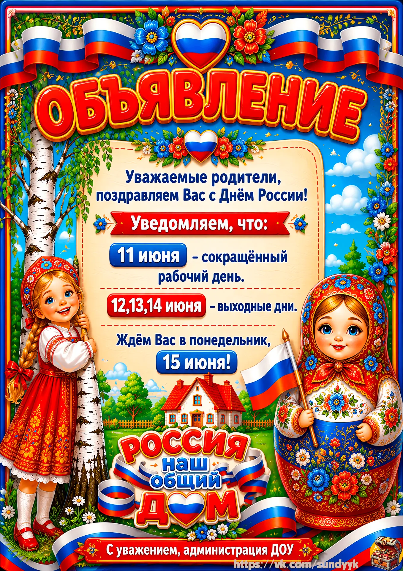 от группы объявления о выходных днях к ДНЮ РОССИИ