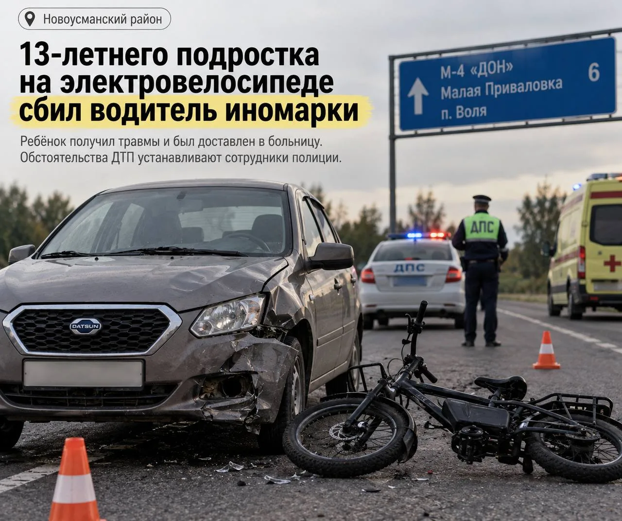 🚑 13-летний подросток на электровелосипеде попал под машину в Новоусманском районе.