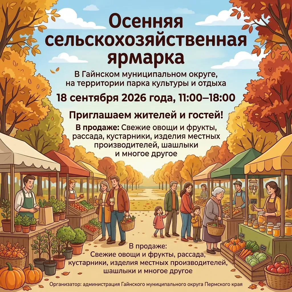 ⚡Традиционная сельскохозяйственная ярмарка пройдет в поселке Гайны