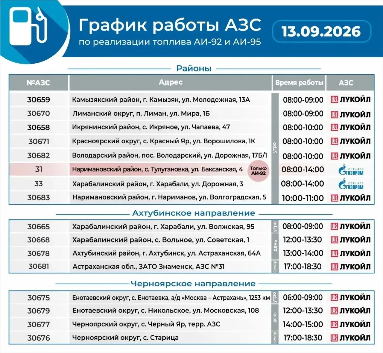 График работы заправок на 13 сентября