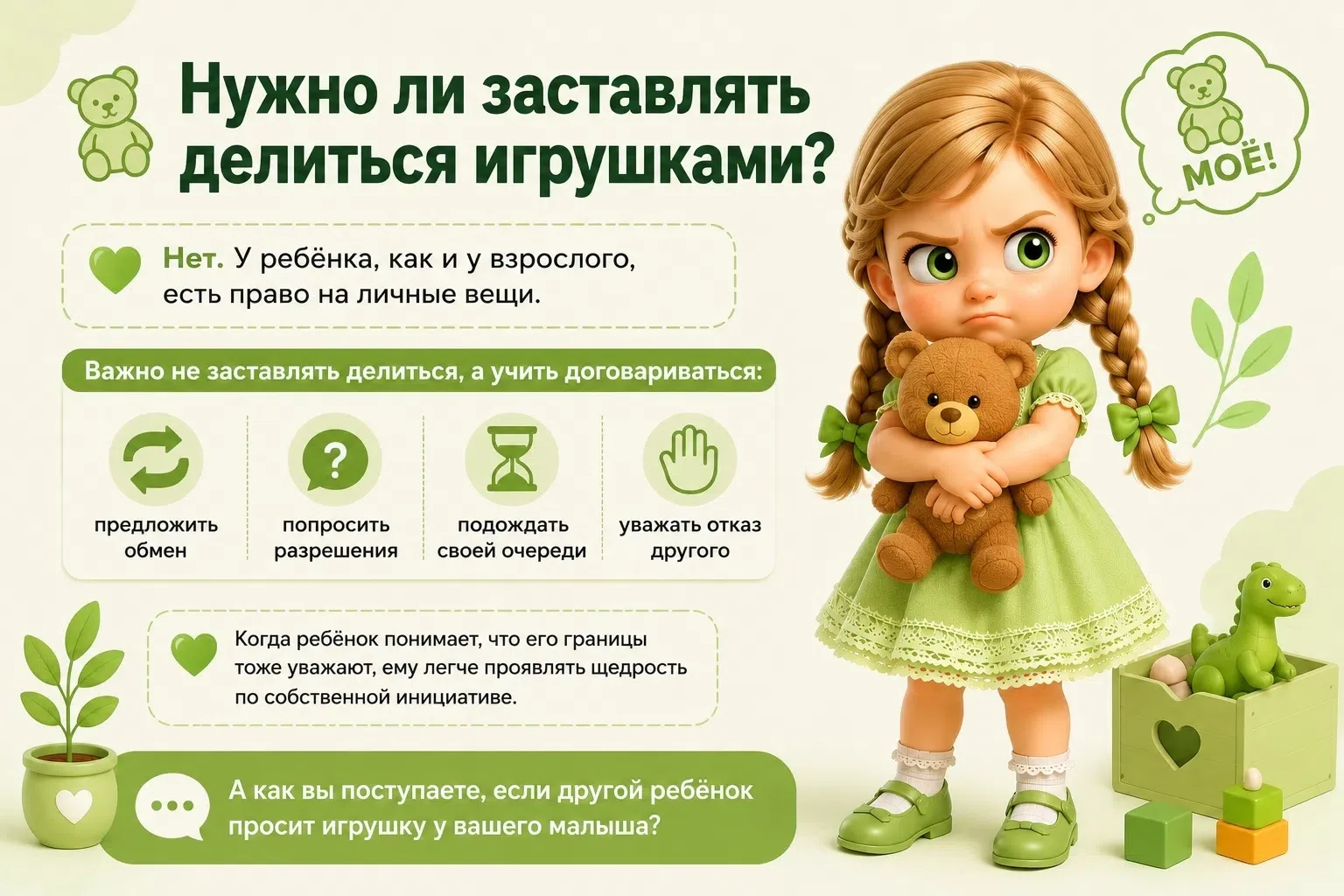 🧸 Нужно ли заставлять ребёнка делиться игрушками?

Нет. У ребёнка, как и у взрослого, есть право на