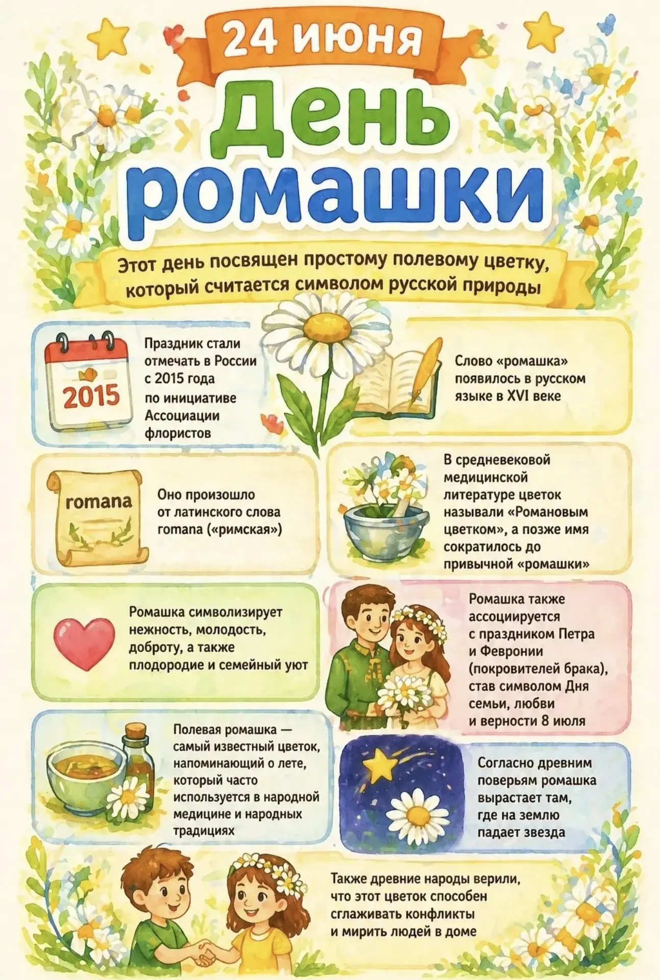 А вы знали, что 24 июня день ромашки? Ромашка простой полевой цветок, но считается символом русской 