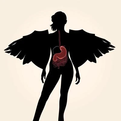 Силуэт женщины на светлом фоне, внутри которого мягким цветом подсвечены «уставшие» зон...