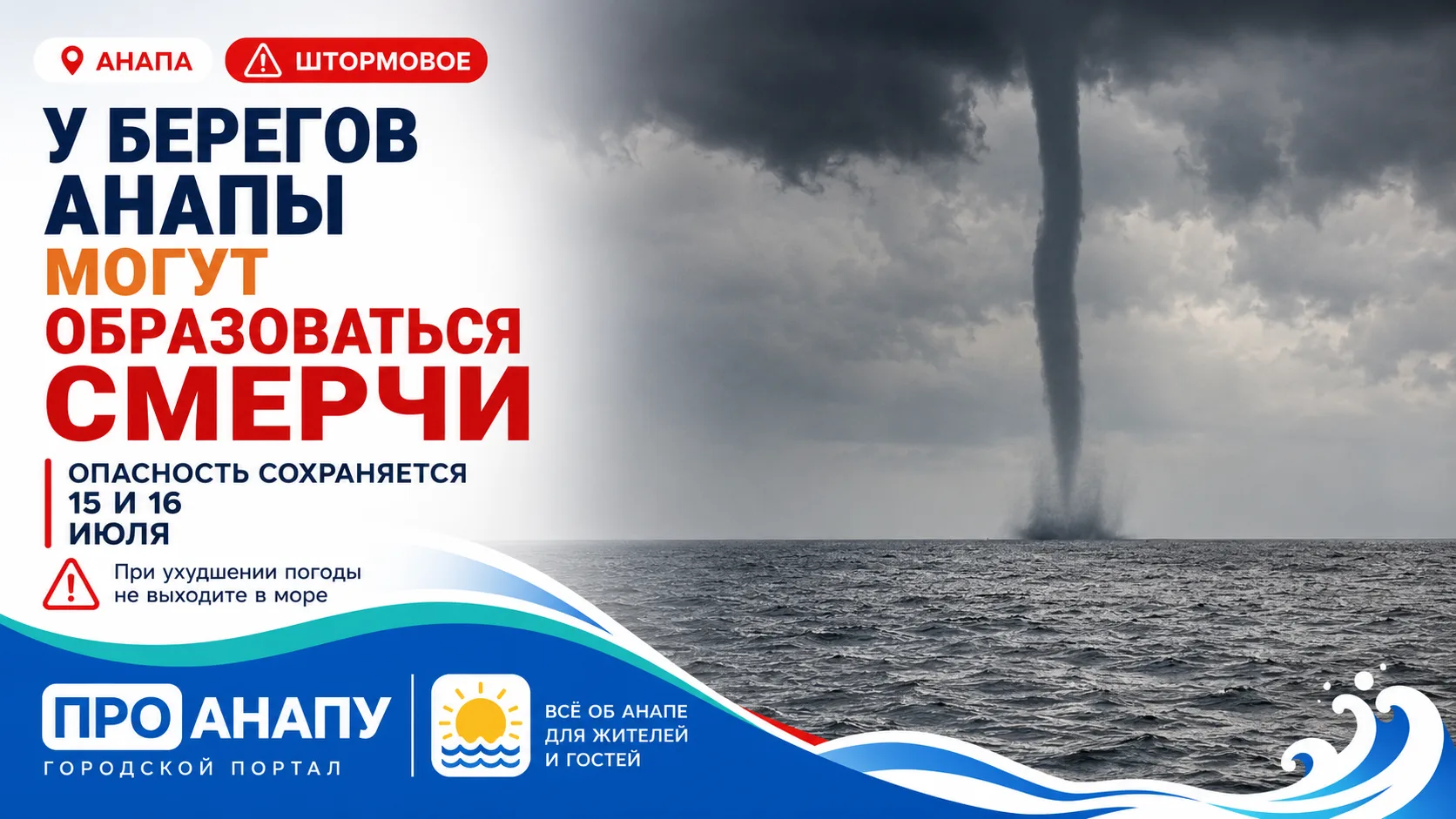 На участке от Анапы до Магри 15 и 16 июля могут образоваться смерчи
