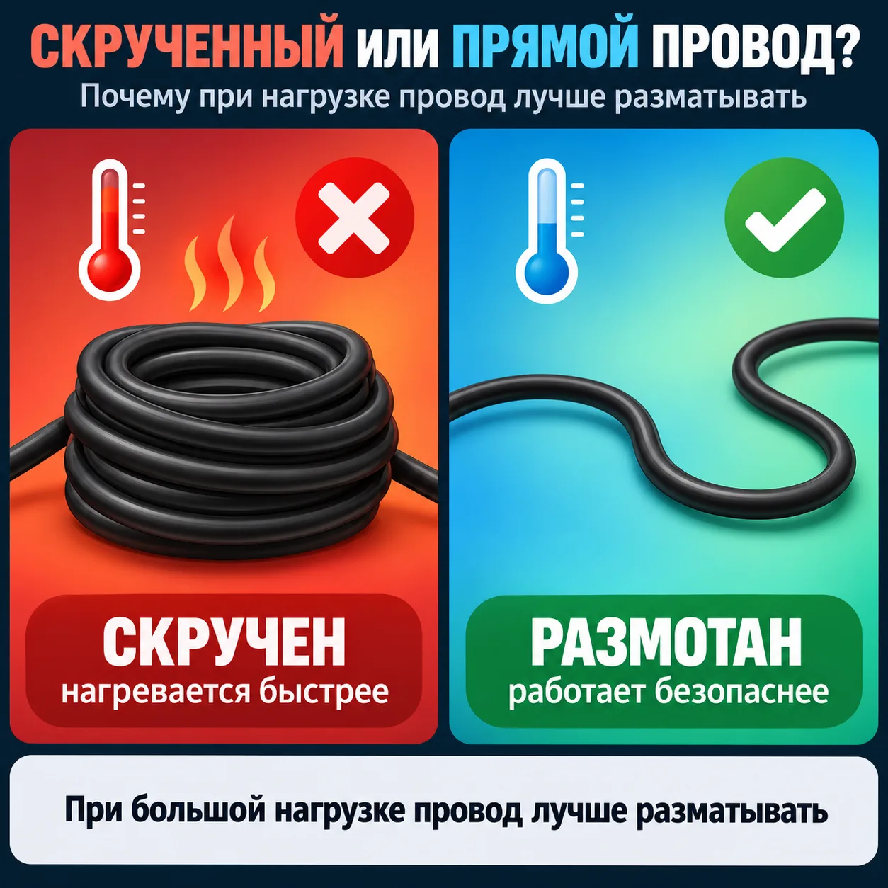 Почему удлинитель лучше полностью разматывать при большой нагрузке?
