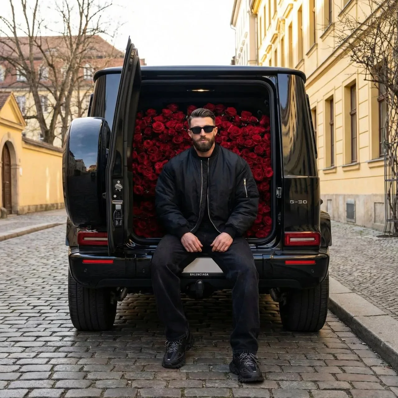 Фотореалистичное фото в полный рост / полный кадр, 
натуральный дневной свет, high-end.

Сцена: чёрн