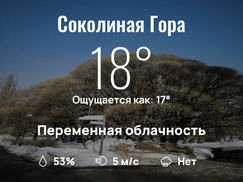 Что с погодой в районе Соколиной Горы?

Одевайтесь по погоде, берегите себя!
Уютного дня, соседи!

#