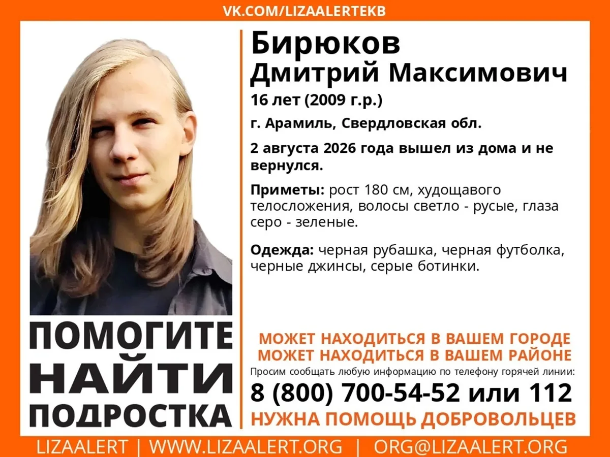 ❗️В Арамиле третий день ищут 16-летнего подростка. Дмитрий Бирюков вышел из дома и не в...
