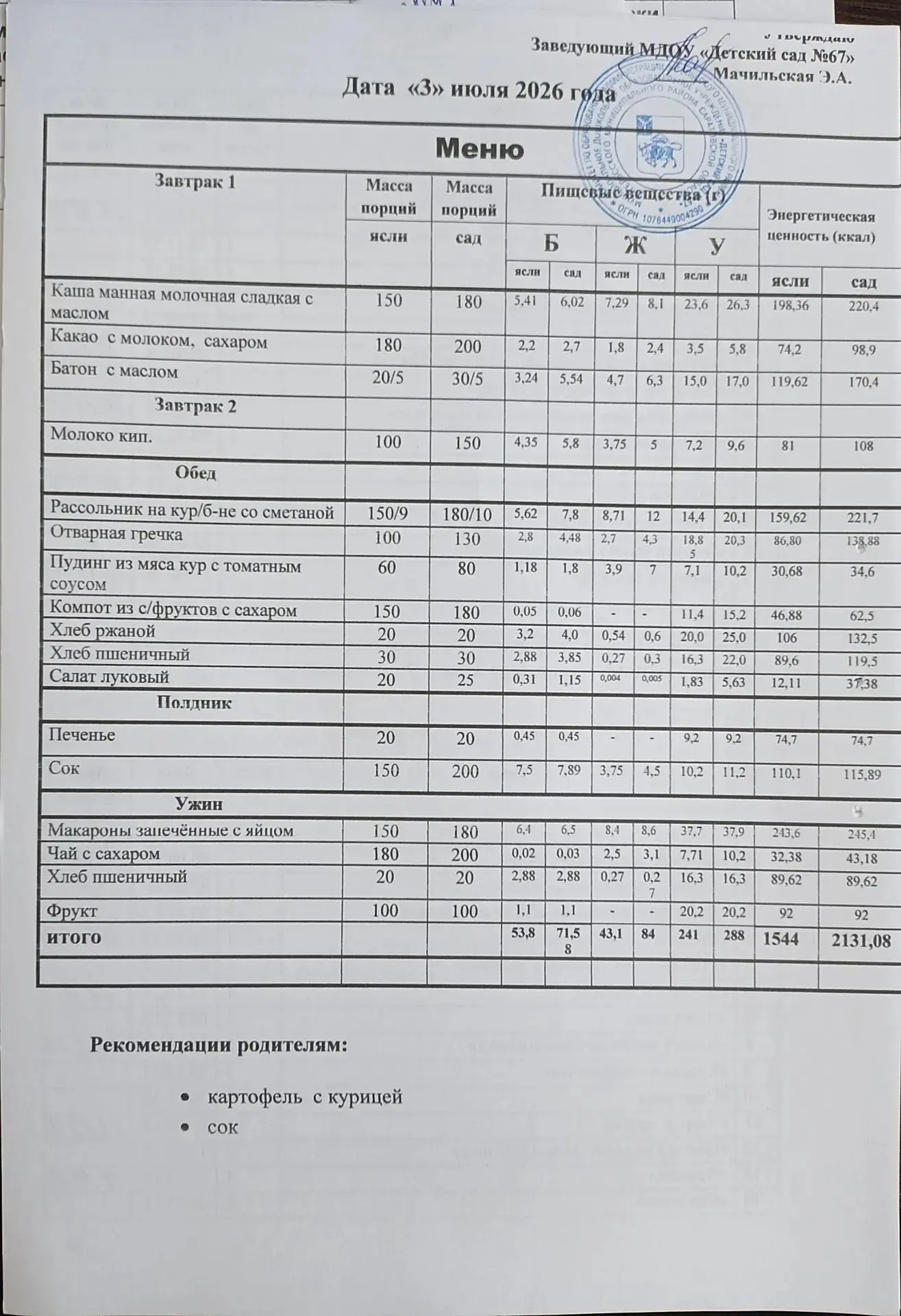 Меню на пятницу 03 июля 2026 года