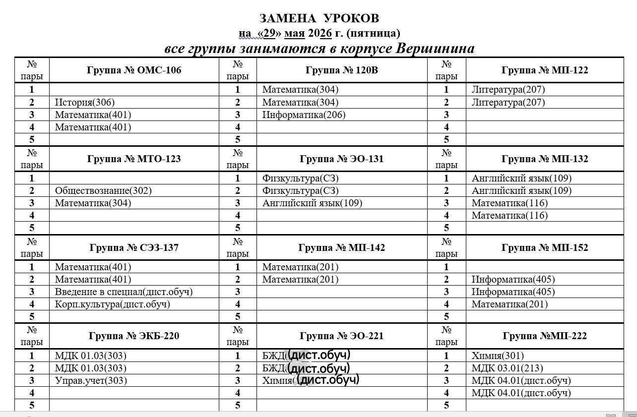 Изменения в расписании на завтра 29.05 у групп 221, 231 и 242