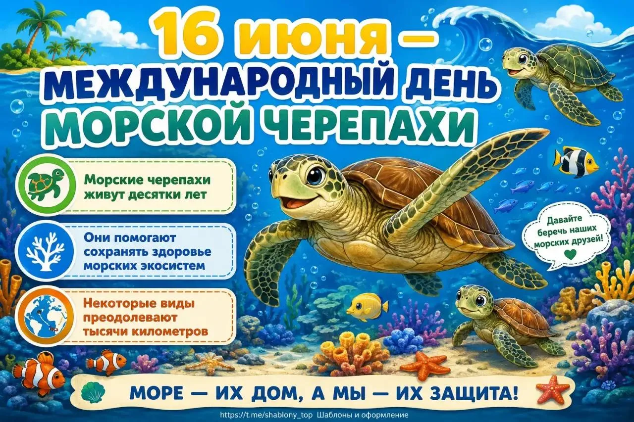 Информационный плакат «16 июня - Международный день морской черепахи» 
+ раскраски 🐢
Начальная школ