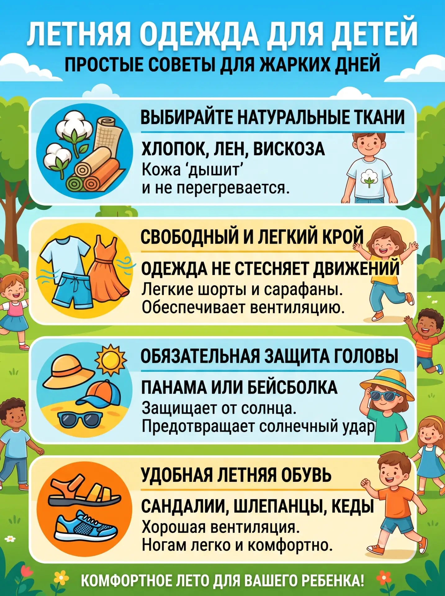 ☀️ Жара на улице: как одеть ребенка 

Уважаемые родители! Чтобы дети не перегрелись на прогулке, про