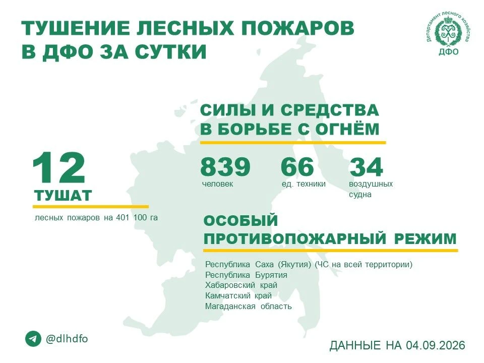 За прошедшие сутки в регионах ДФО продолжается тушение 12 лесных пожаров.