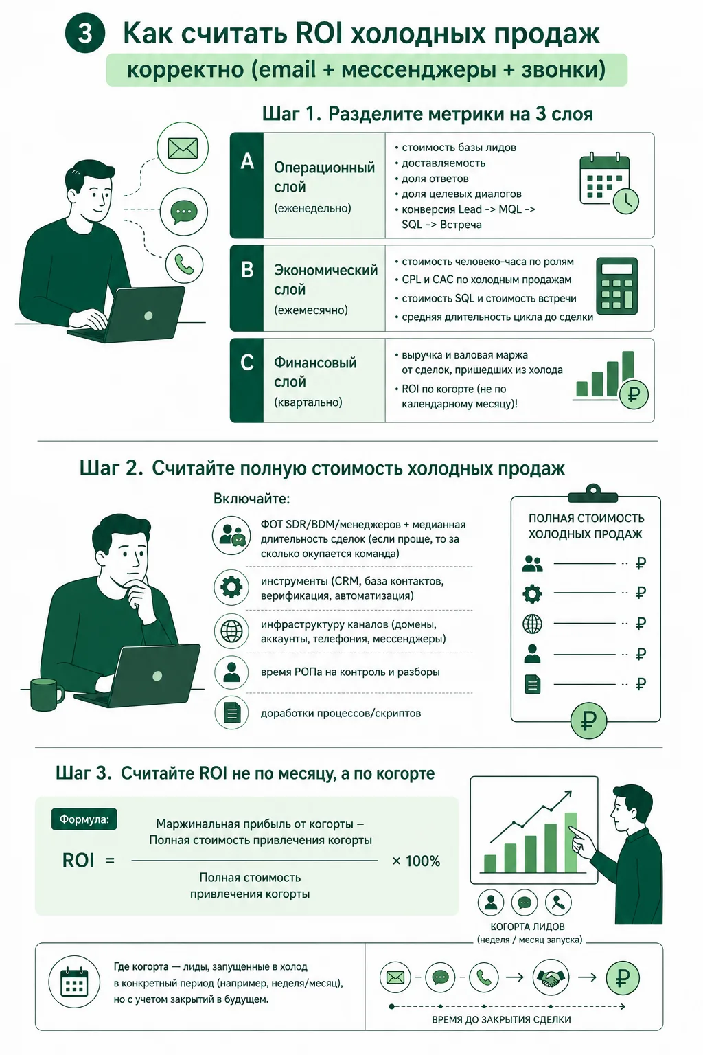 Как считать ROI холодных продаж в РФ: рабочая модель для РОПа и собственника