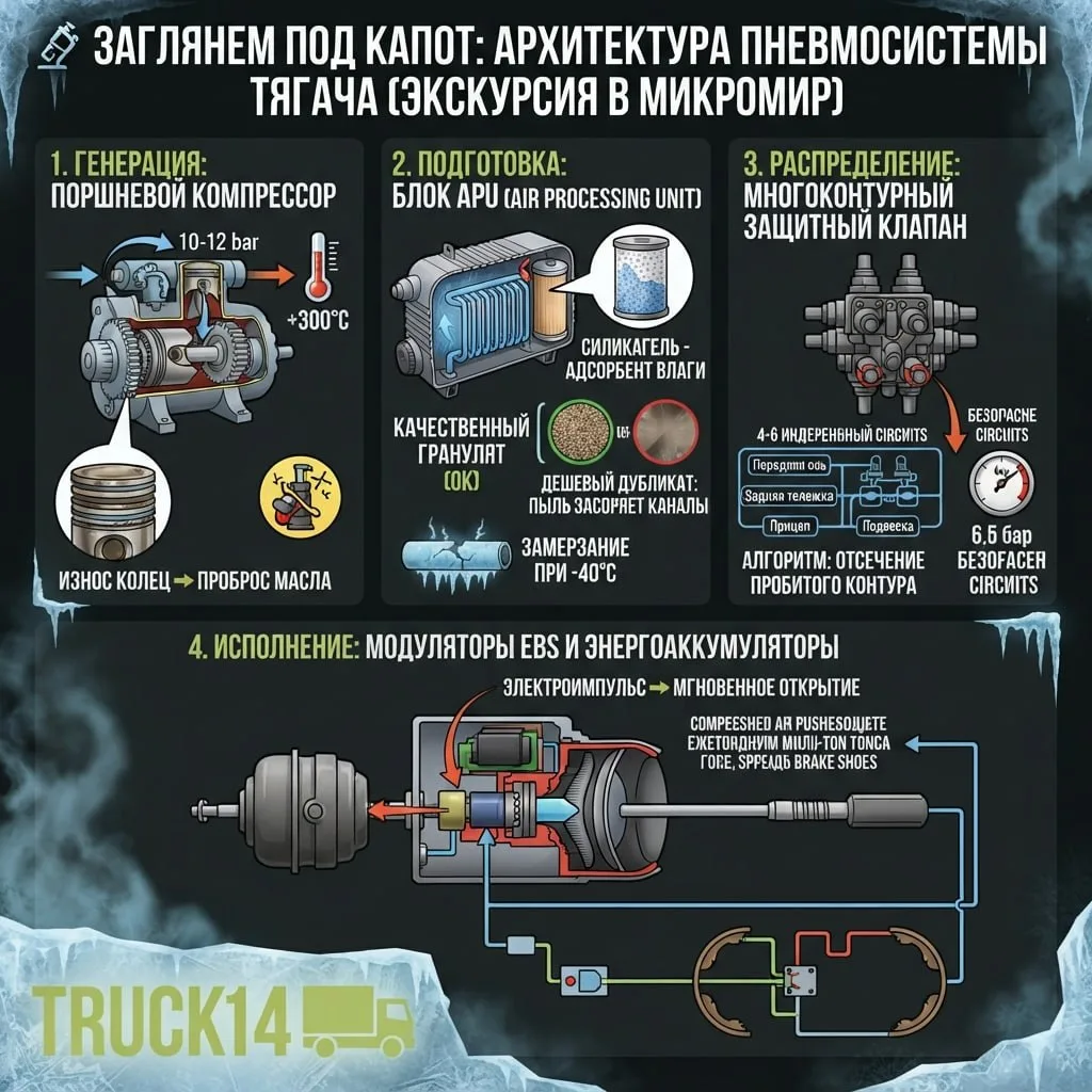 🔬 Заглянем под капот: Архитектура пневмосистемы тягача (Экскурсия в микромир)
Сжатый воздух в тормо