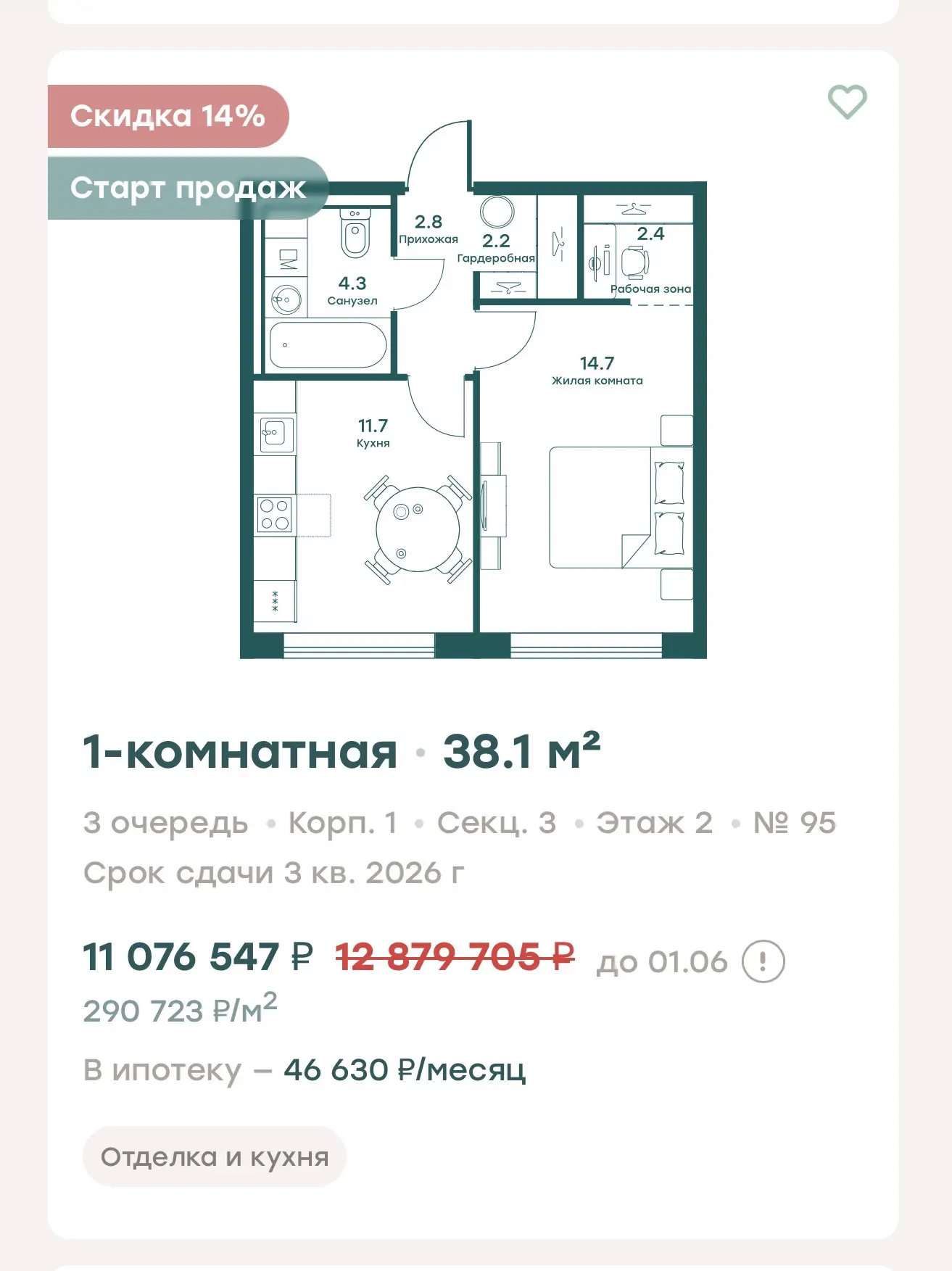 1 ккв без ПВ с чистовой отделкой, кухней и техникой.