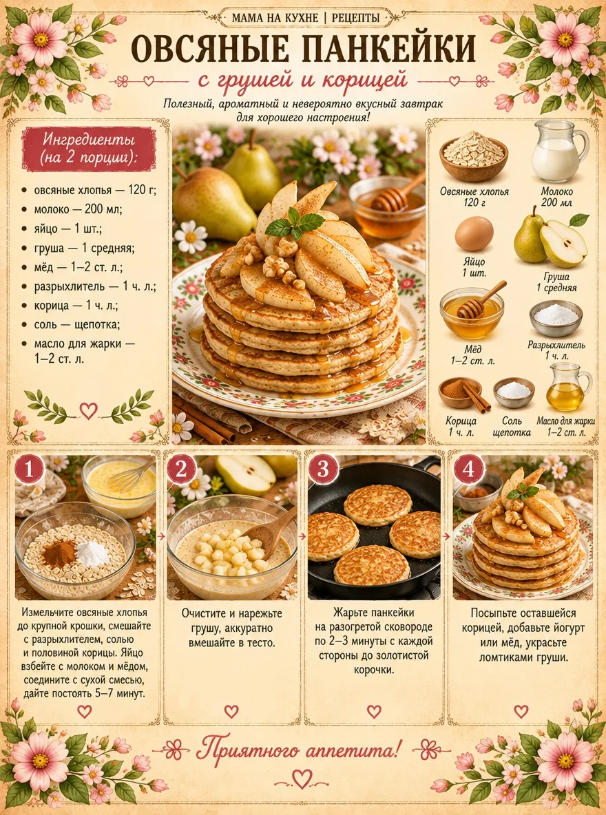 🌸 Овсяные панкейки с грушей и корицей 🌸