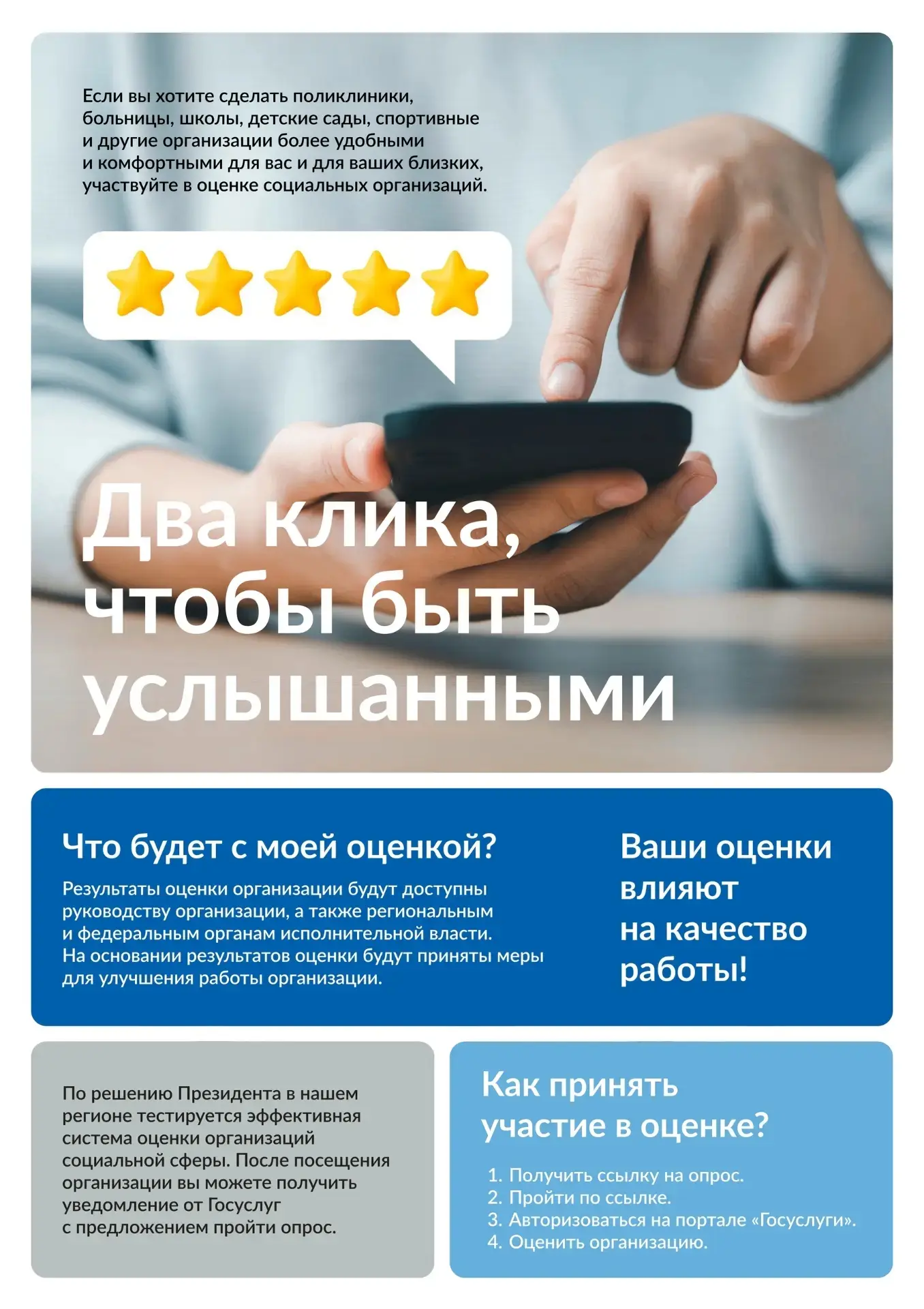 Россияне смогут оценить качество услуг социальной сферы через «Госуслуги»