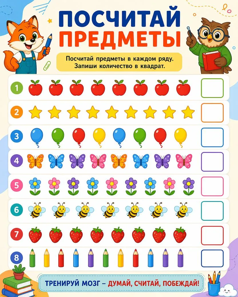 🧠 Тренируем мышление

Яркие задания на логику, счёт, внимание и сравнение — полезно и увлекательно 