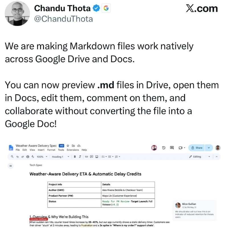 Google добавляет встроенную поддержку Markdown-файлов в Google Drive и Google Docs.