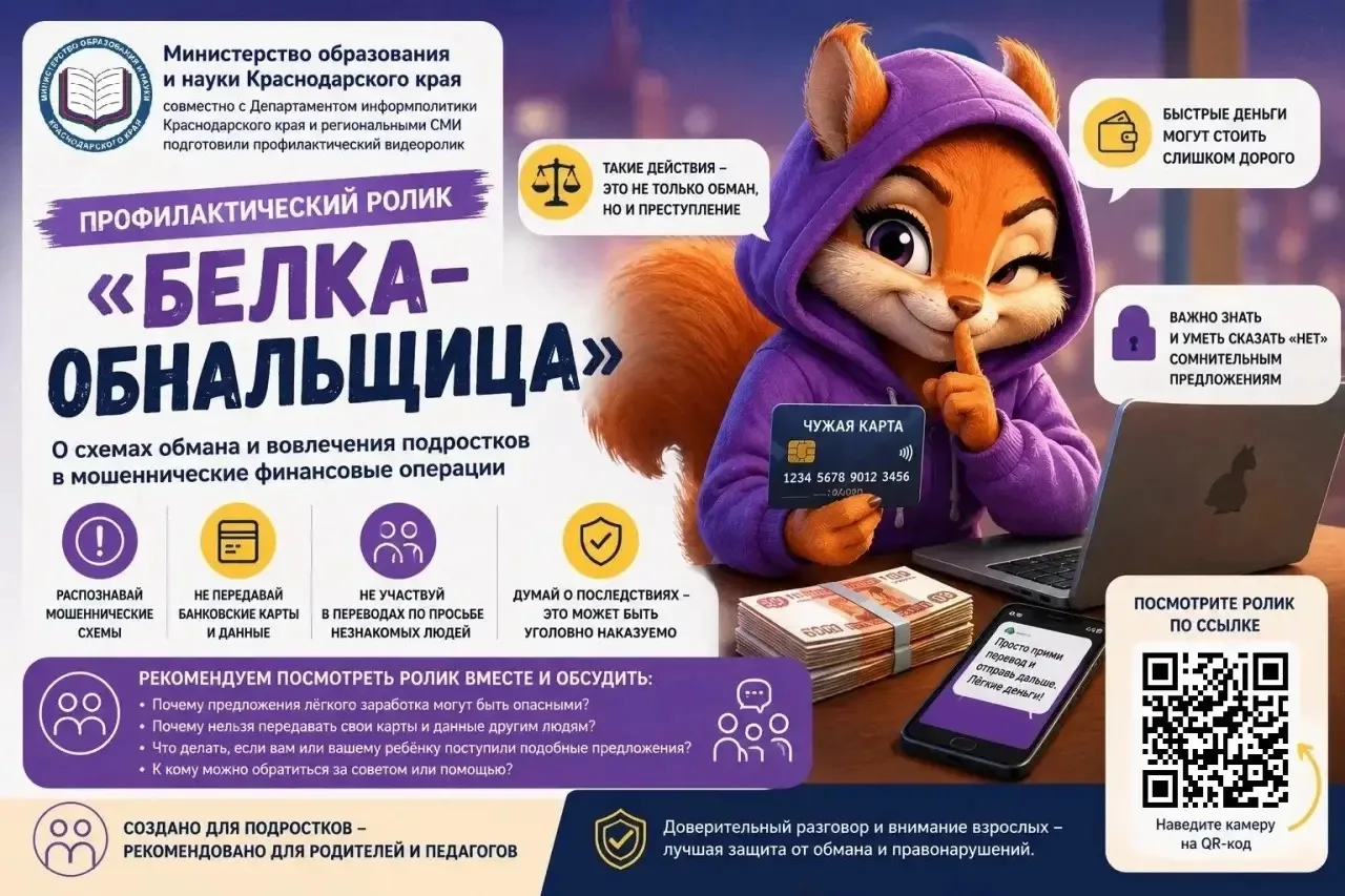 Министерство образования и науки Краснодарского края транслирует профилактический видеоролик «Белка-