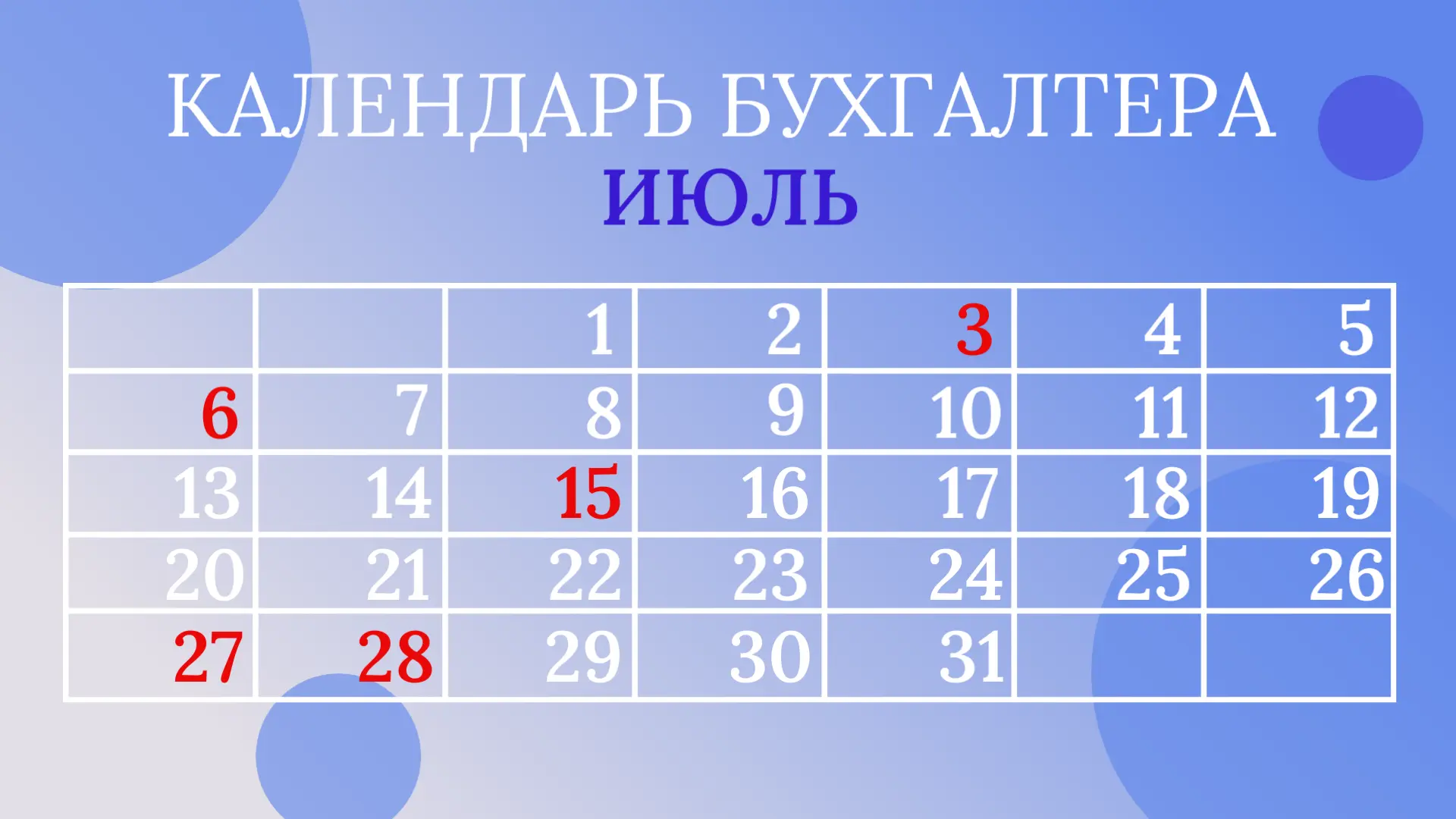 📅 Календарь бухгалтера на июль

3 июля (пятница): Представление уведомления об исчисленном НДФЛ за 