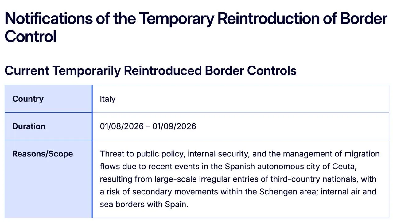 🇮🇹 Италия временно возобновила пограничный контроль на воздушных и морских границах с Испанией

Ре