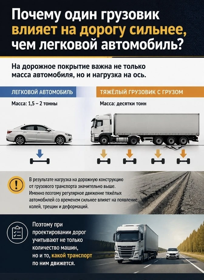 ❓Почему один грузовик влияет на дорогу сильнее, чем легковой автомобиль?
