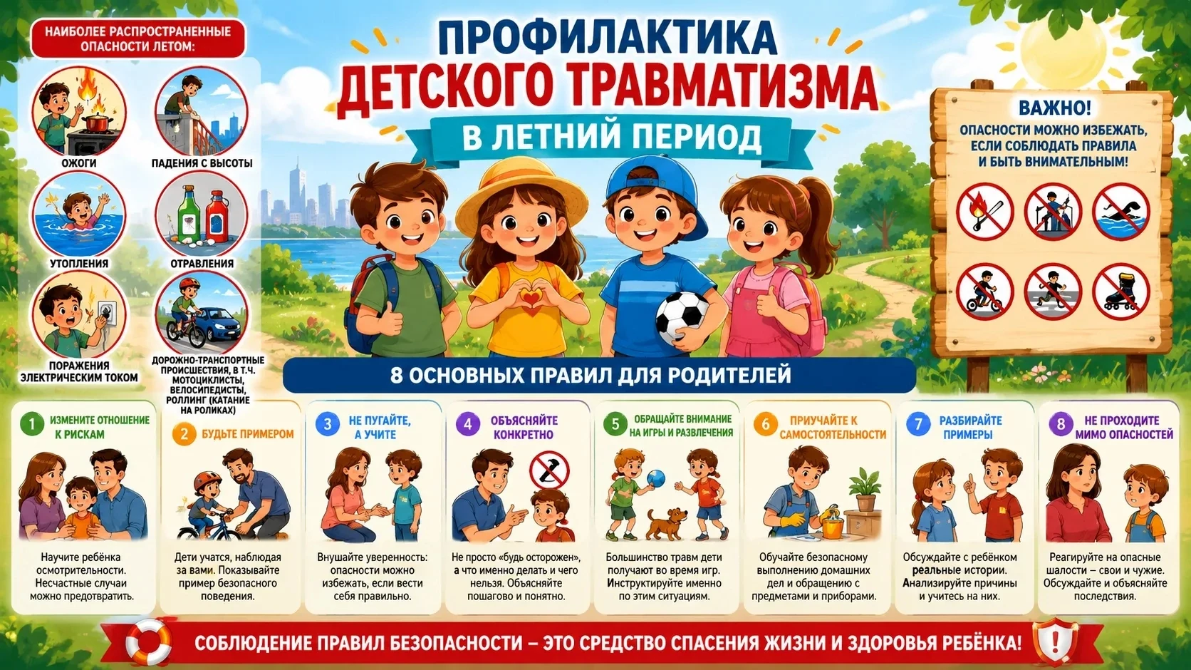 Профилактика детского травматизма летом

Летом, когда дети и подростки остаются без присмотра взросл