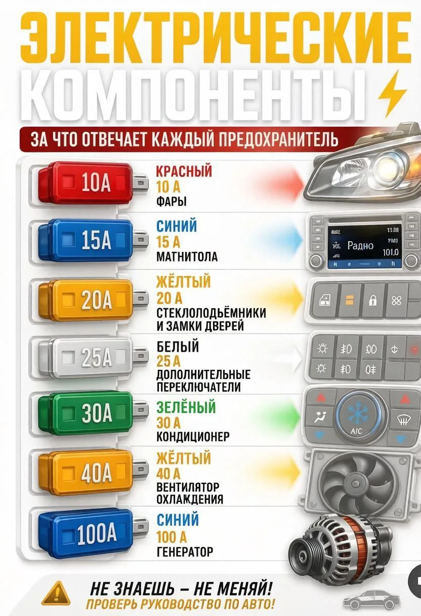 🚗 Цвета автомобильных предохранителей: шпаргалка, которая спасёт проводку! 

Предохранитель защищае