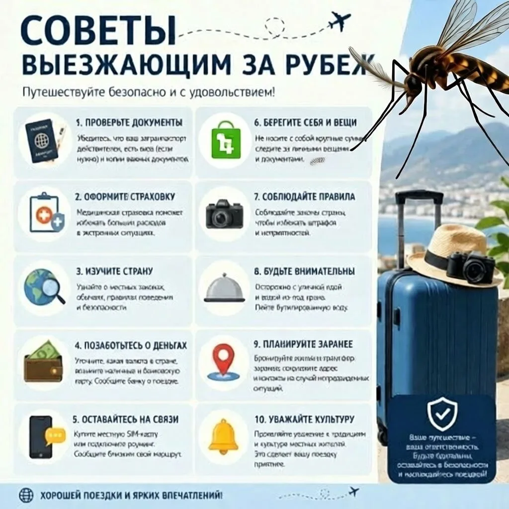 🦟 Болезни, передающиеся через комаров: профилактика и вакцинация
СОВЕТЫ ВЫЕЗЖАЮЩИМ ЗА РУБЕЖ!
Комары