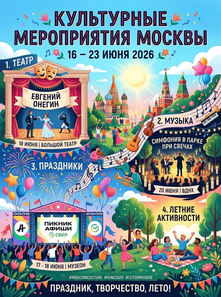 📅 Афиша Москвы: 16–23 июня 2026 

16 июня

• 🕠 19:30 — TheatreHD: «Евгений Онегин» (1 кинотеатр)
•