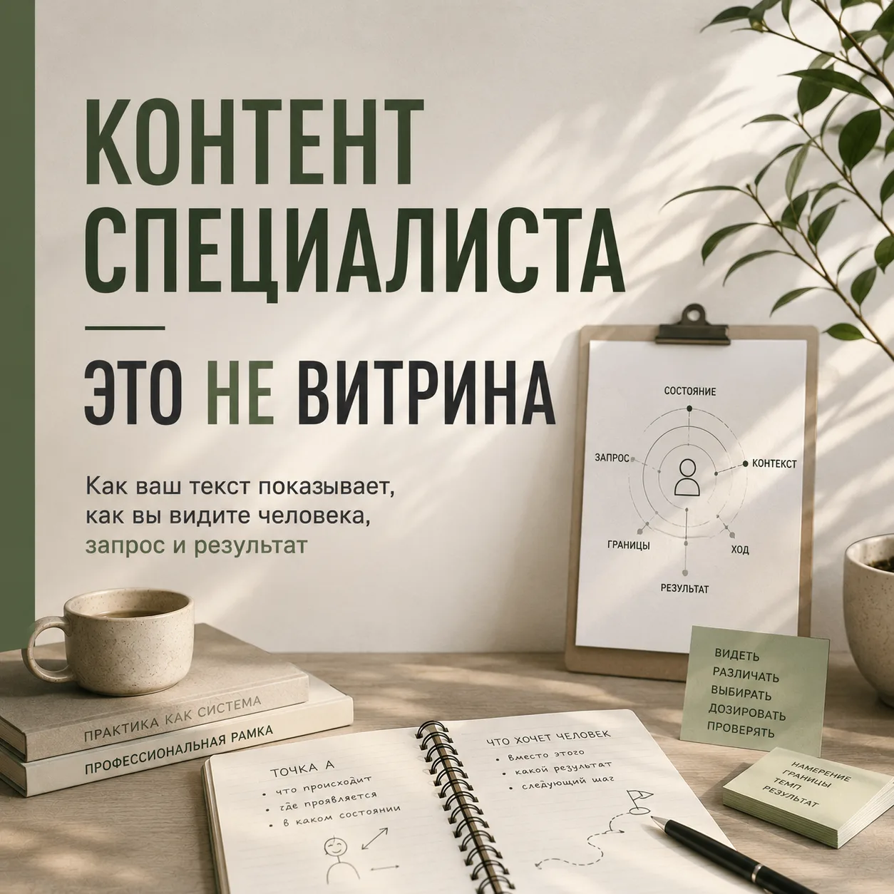 Контент специалиста — это не витрина.
Витрина показывает, что у специалиста есть.
Метод.
Формат.
Опы
