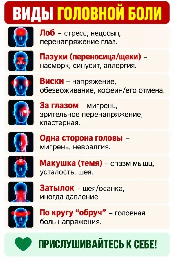 Основные типы боли по зонам головы 🤕