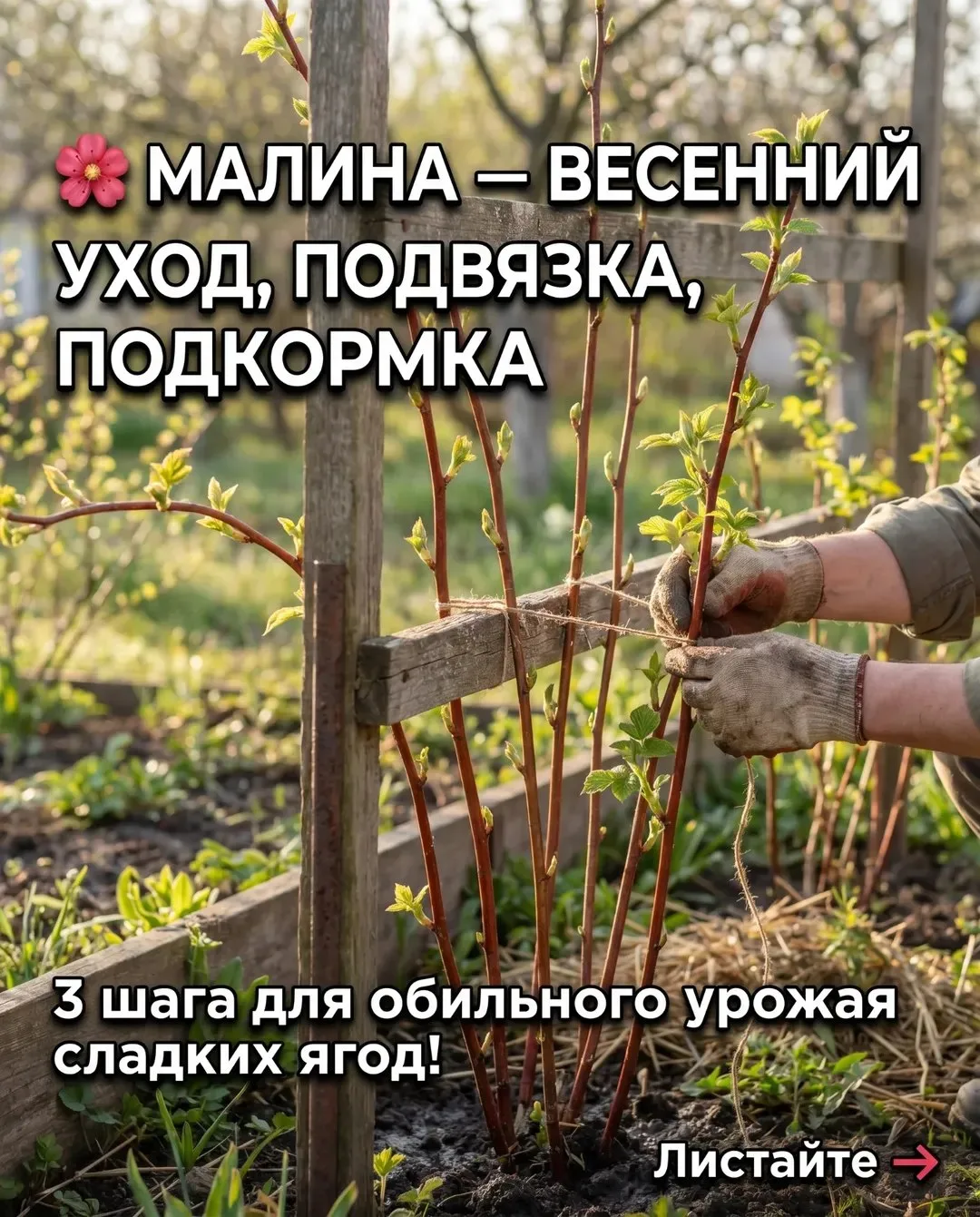 Малина — весенний уход, подвязка, подкормка 🌸  3 шага для обильного урожая!  ✂️ ОБРЕЗКА: Убрать все 