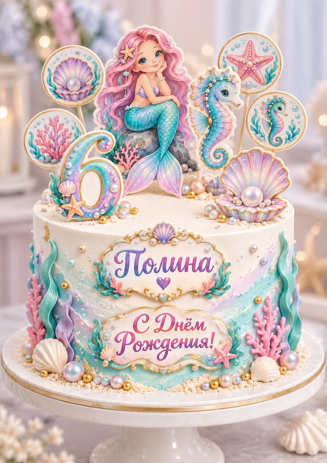 Нежный макет для торта в морской тематике для Полины на 6 лет 🧜‍♀️🫧Русалочка, морской...