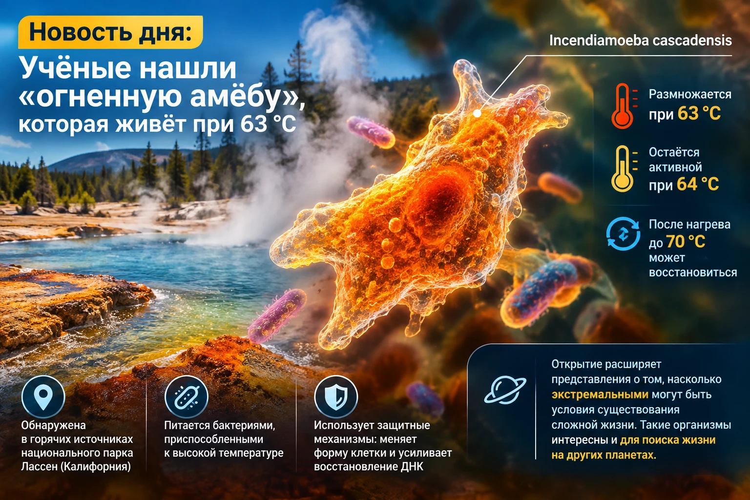 Новость дня: учёные нашли «огненную амёбу», которая живёт при 63 °C